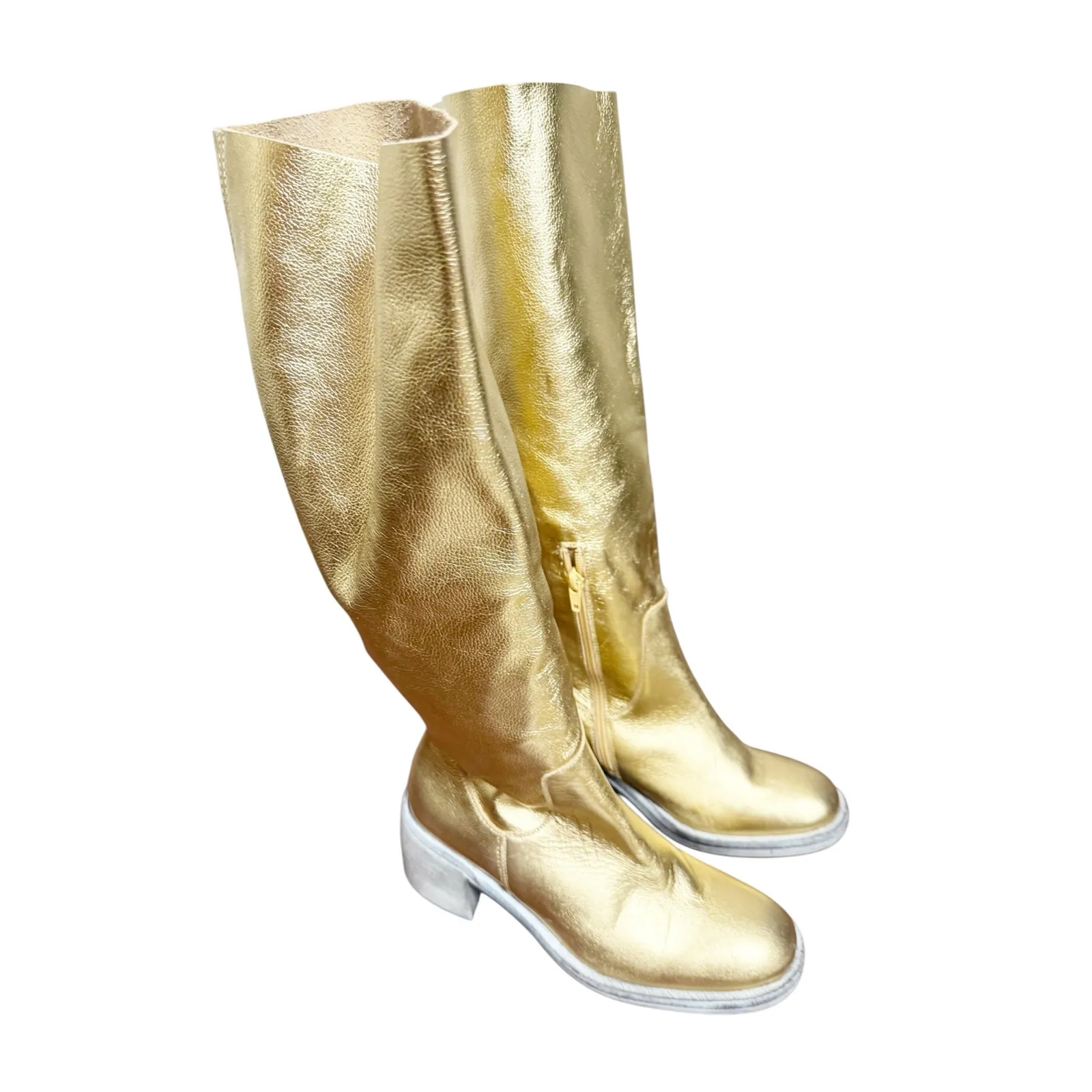 Free People Metallic Gold Shiny Essential Tall Slouch Block Heel Boots Size 7.5 - Image 2