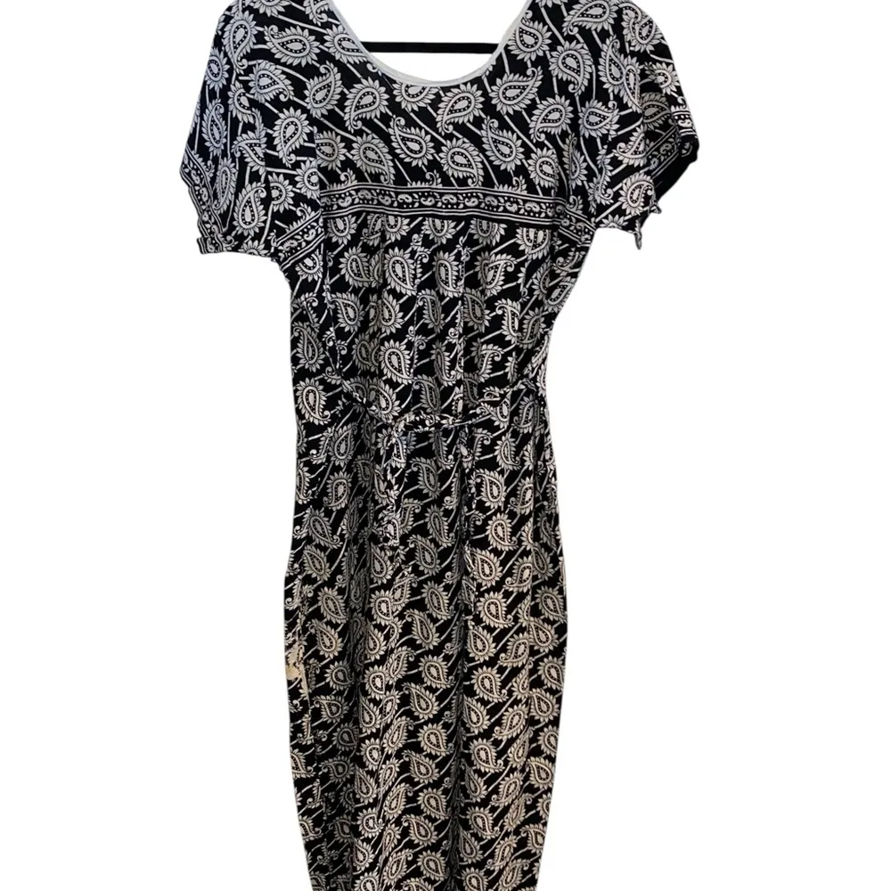 Vtg Handmade Black Tie Back Paisley Maxi Dress Resortwear Boho Coastal Grandma Size L - Image 5