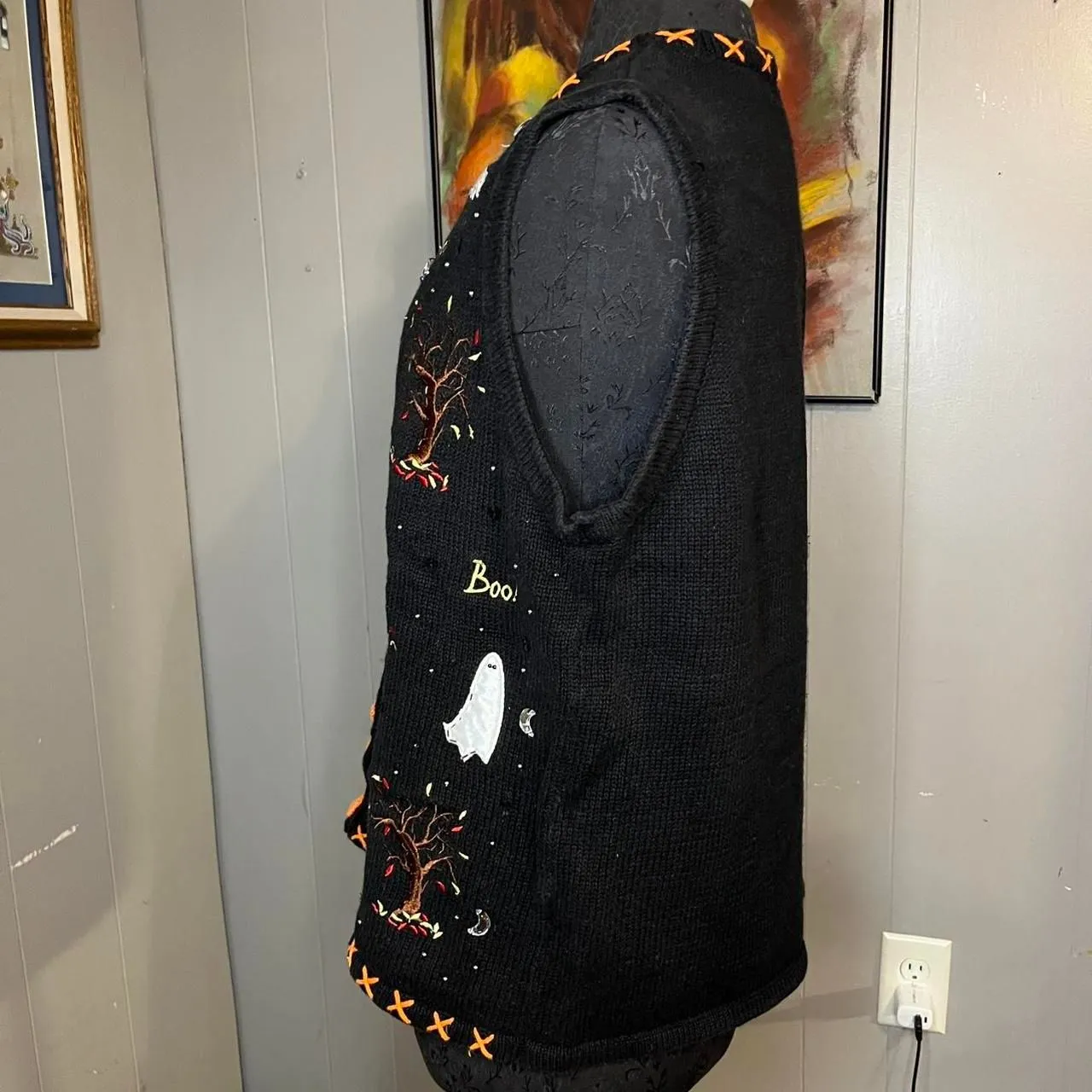 Halloween Ghosts Boo Knit Sweater Vest Large Black - Image 6