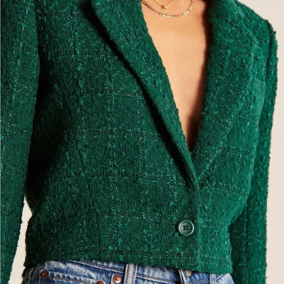 NWT Abercrombie & Fitch Green Cropped Tweed Blazer Jacket Size XS Single Button - Image 8