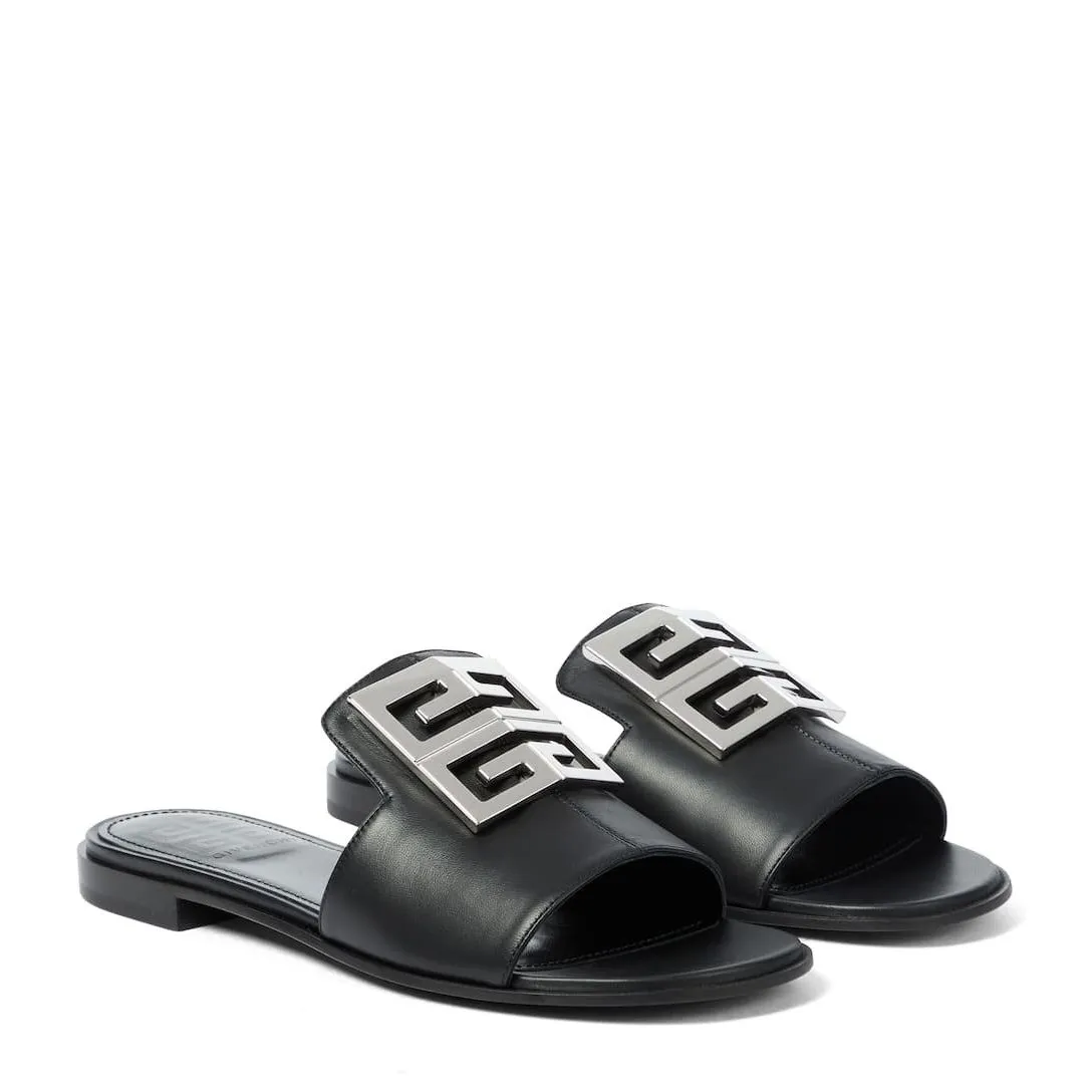 New Givenchy 4G Black Leather Silver Logo Slides - Image 3