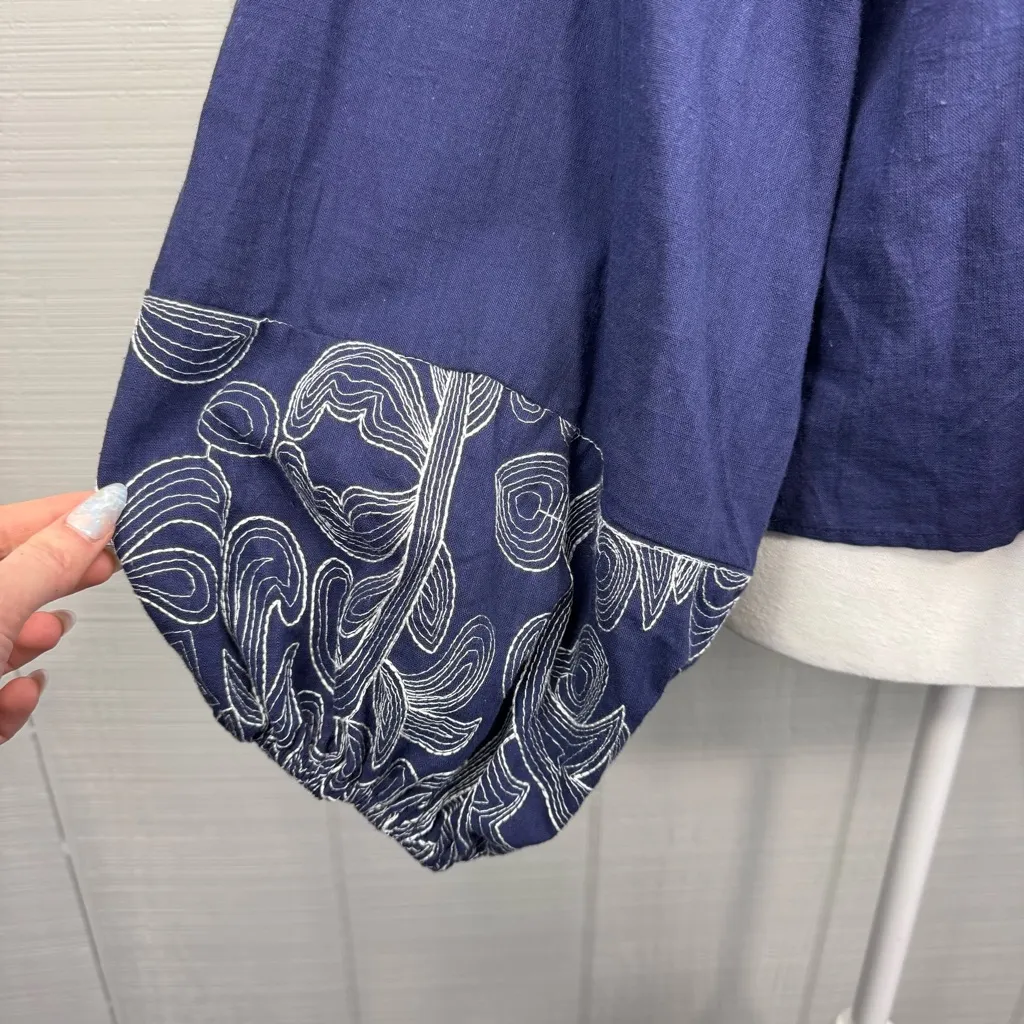 Rain Blue Cotton Peasant Top Balloon Sleeve Embroidered Yoke Boho Folk Artisan M Size M - Image 4