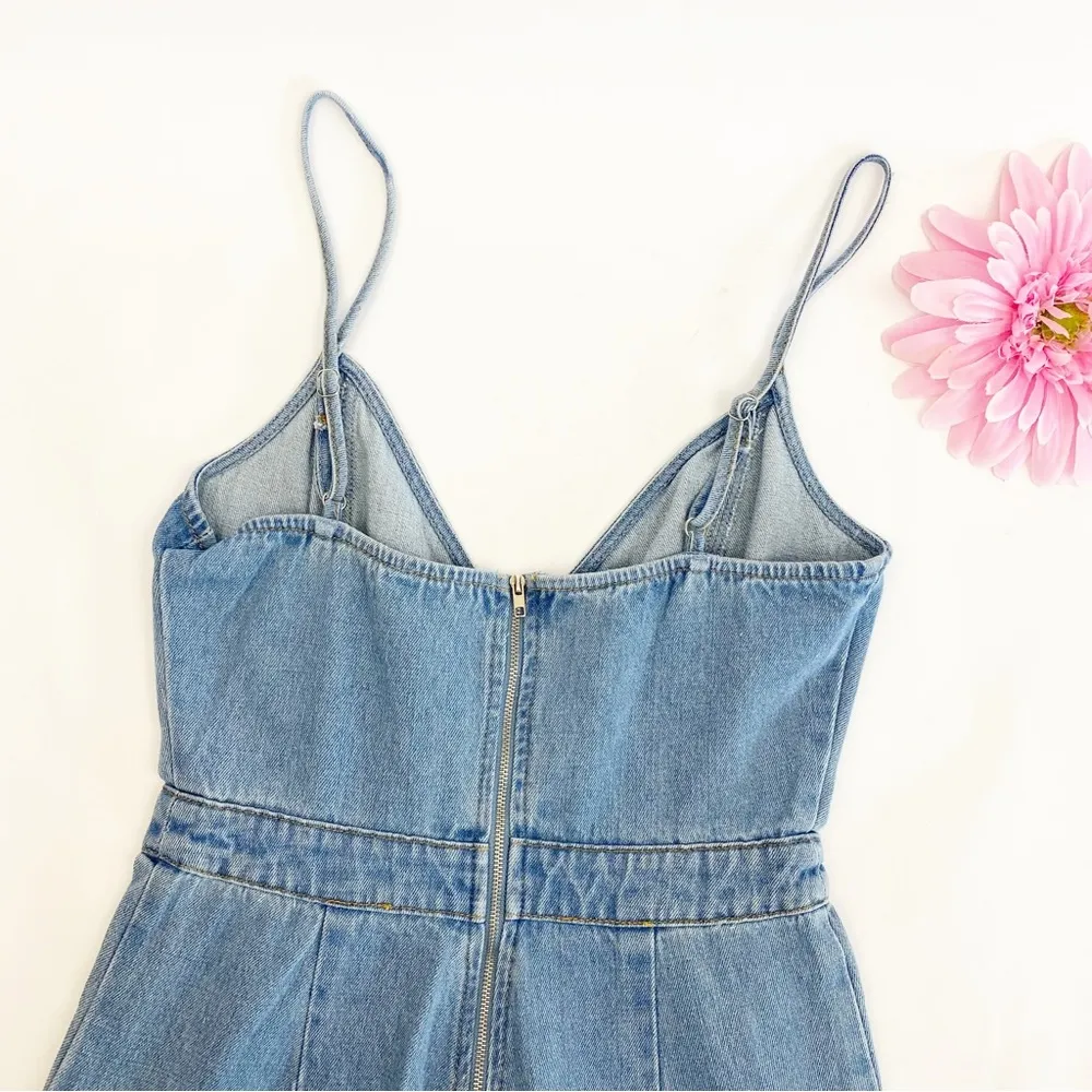 Denim Faux Wrap Surplice Straight Leg Jean Jumpsuit Overalls: Light Wash - Image 5