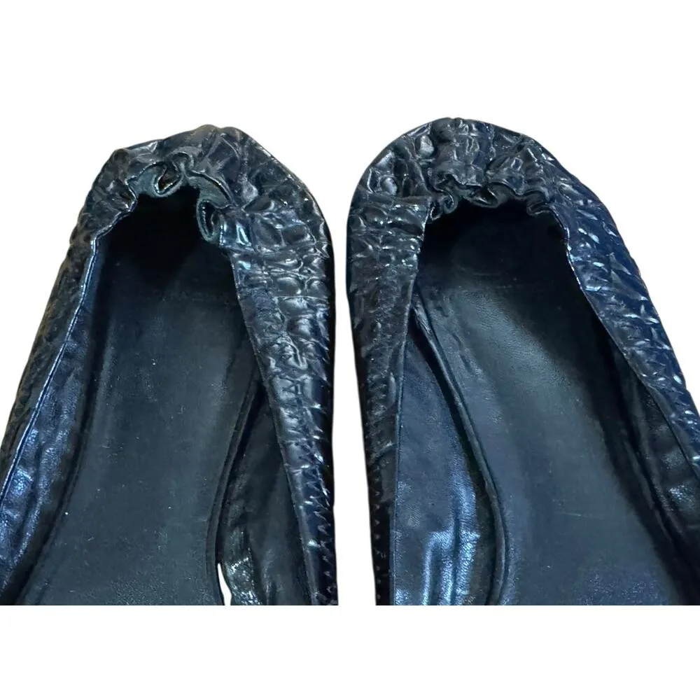 TORY BURCH Reva Black Leather Croc Print Ballet Slip On Flats Scrunch Back 11M - Image 5