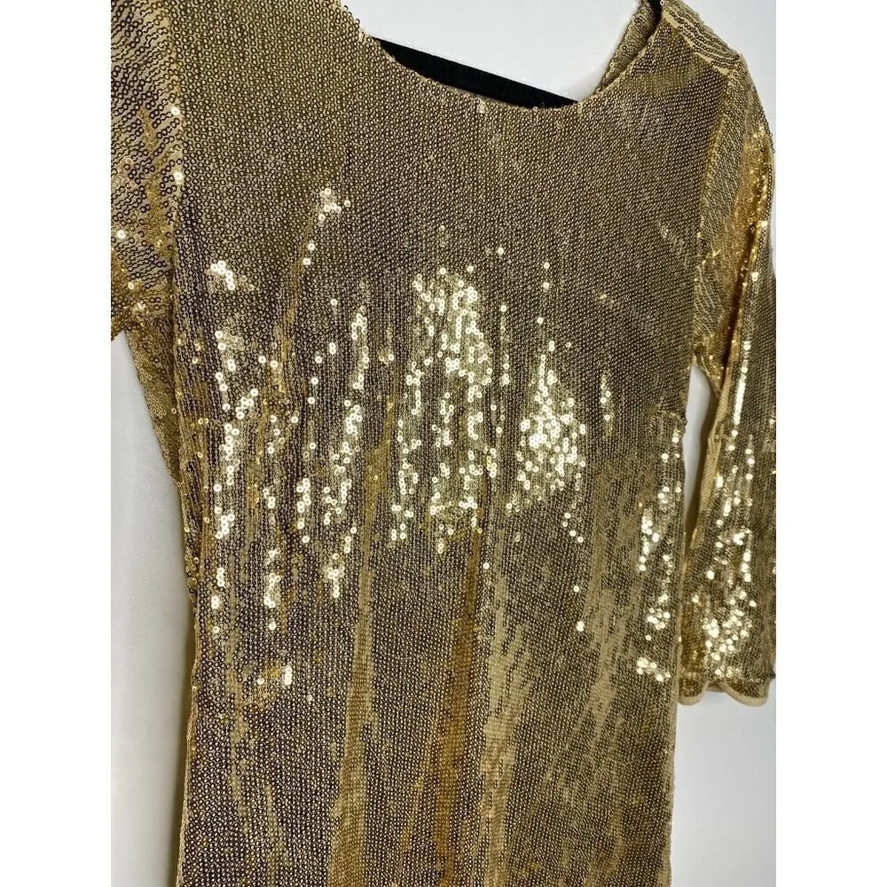 La Perla Dress Size 44 Large Women's 3/4 Sleeve Gold Sequin Open Back Mini Dress - Image 3