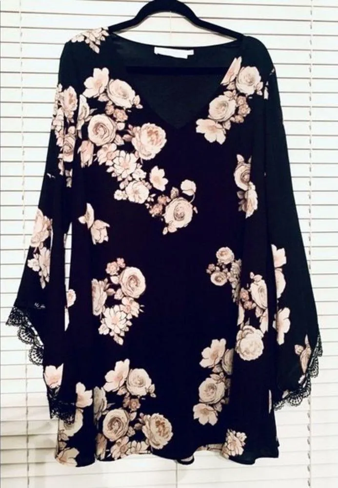 Astr The Label Black Floral Flowy Embellished Embroidered V Neck Dress Size L - Image 4