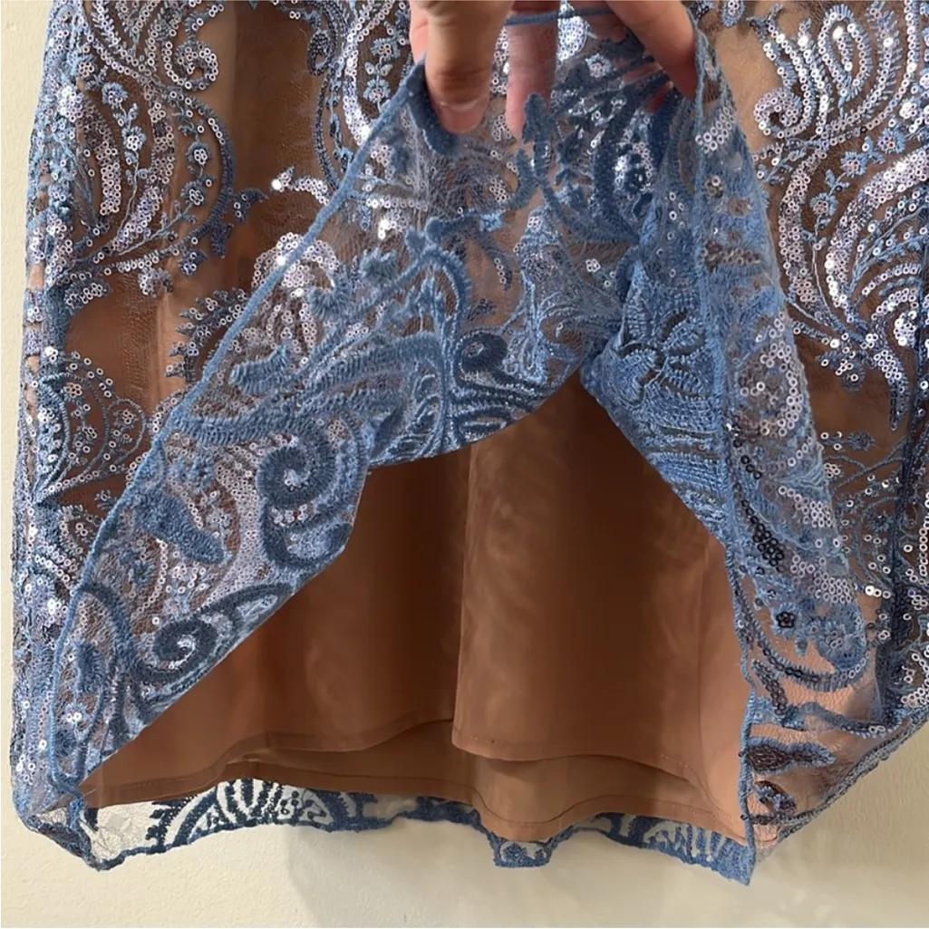 Free People Night Shimmers Light Sundown Blue Sz 0 Mini Dress Lace Sequins Mesh - Image 9