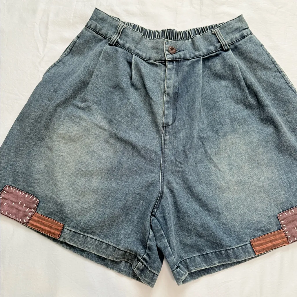 Vintage Denim Shorts for Women Size M High Waist Loose Fit with Front Pleats Blue Size M - Image 3