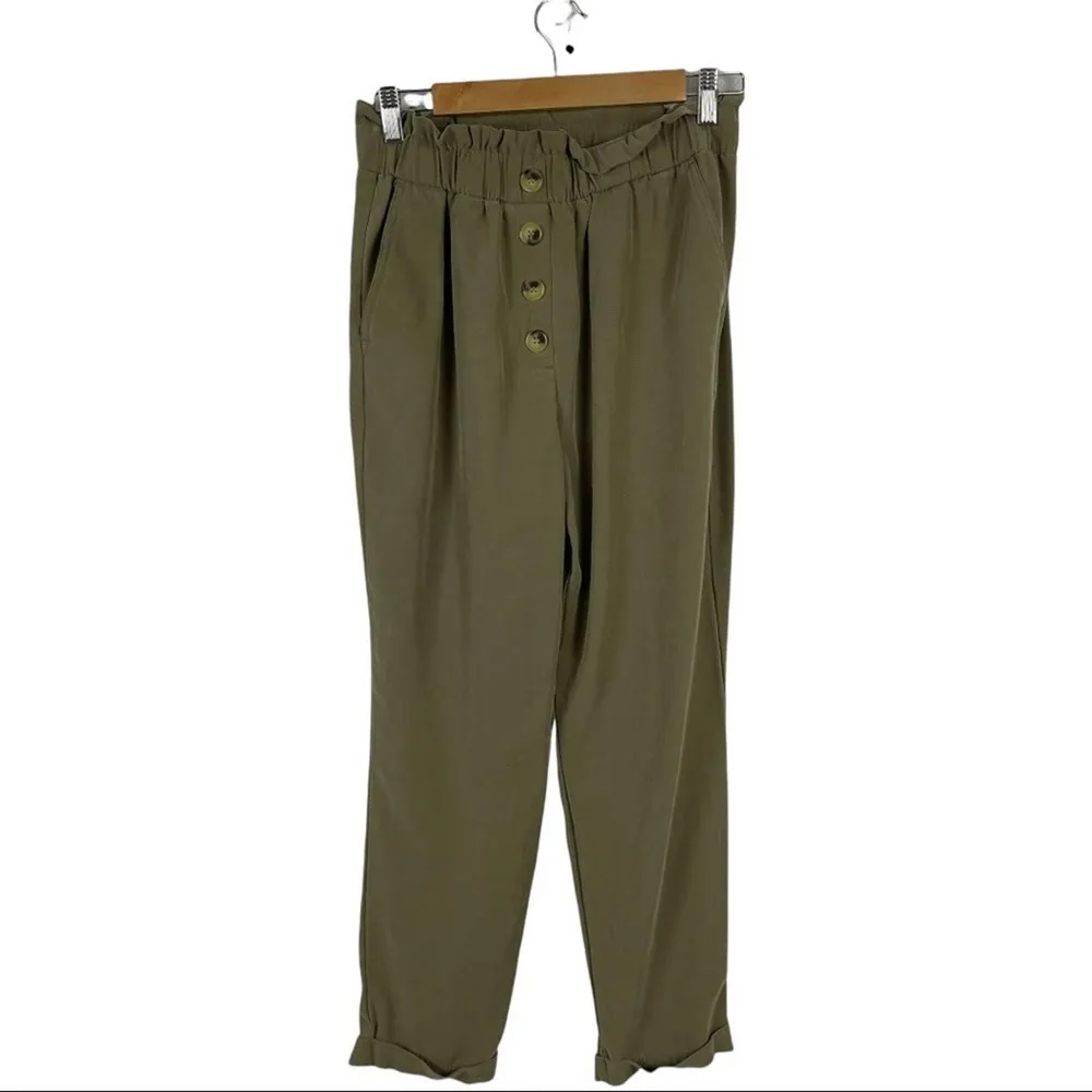 Zara Paperbag Waist Green Viscose High Rise Waisted Trousers Pants Size Medium - Image 5