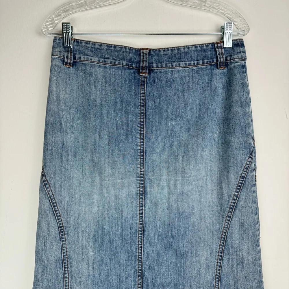 Y2K Denim Embellished Midi Skirt Sz 6 Flare Hem Blue - Image 7