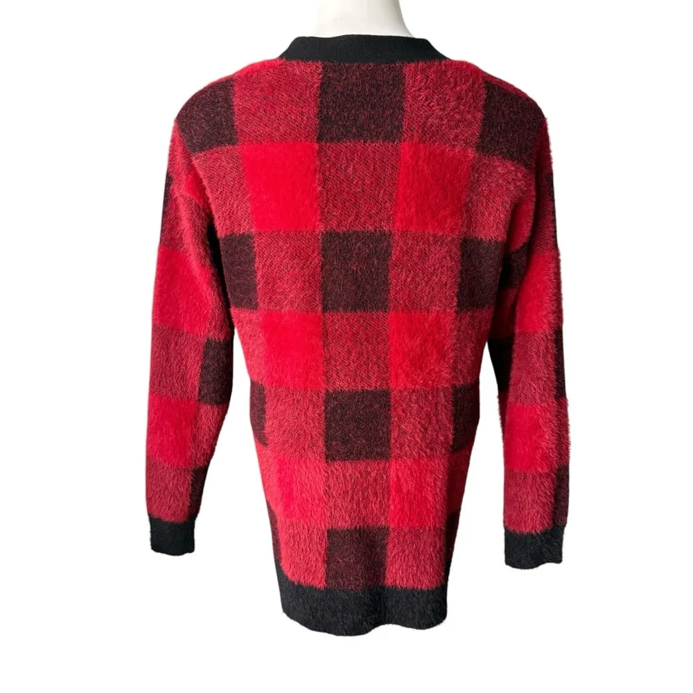 Cyrus Red/ Black Buffalo Plaid Button Down Fuzzy Cardigan Sweater, Sz S - Image 2