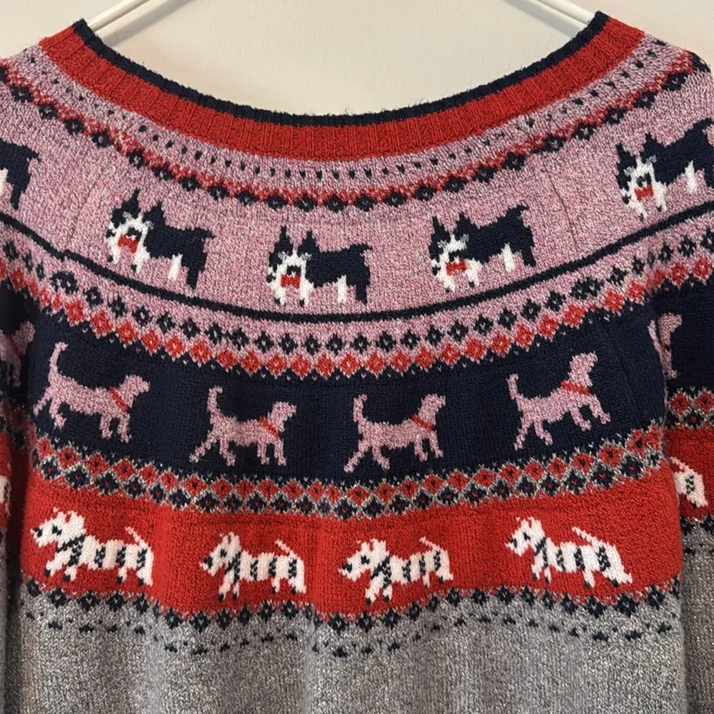 Holiday Time  Women’s Large Fair Isle Dog Christmas Sweater Dogs Gray Pink - Image 2
