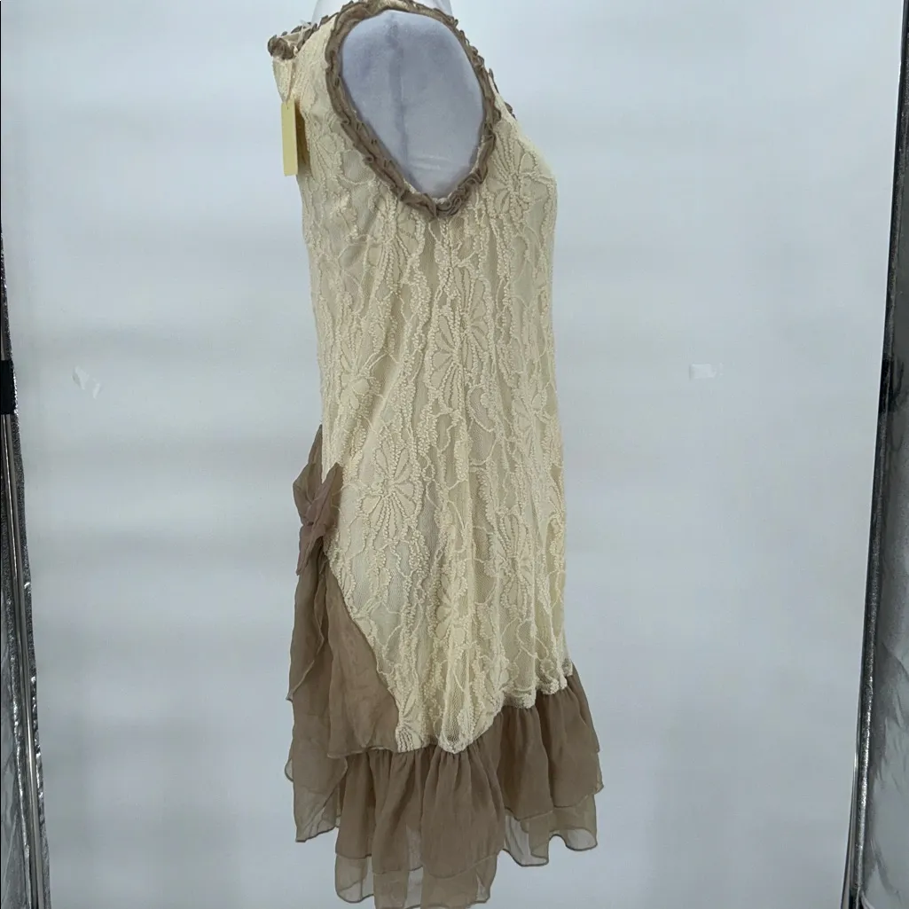 a’reve Lace Ruffle Slip Dress Cream Taupe Bow Detail Sleeveless Size S Tan - Image 5