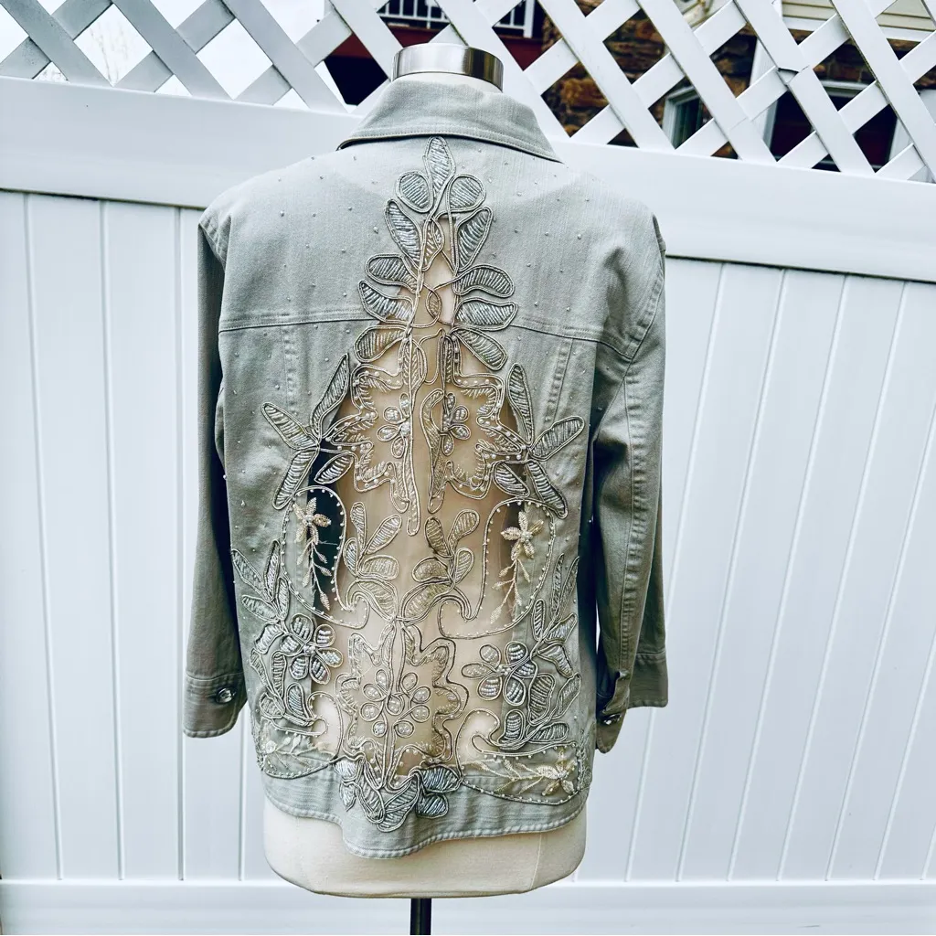 Multiples Embellished Rhinestone Pale Green Jacket Sz. L - Image 9