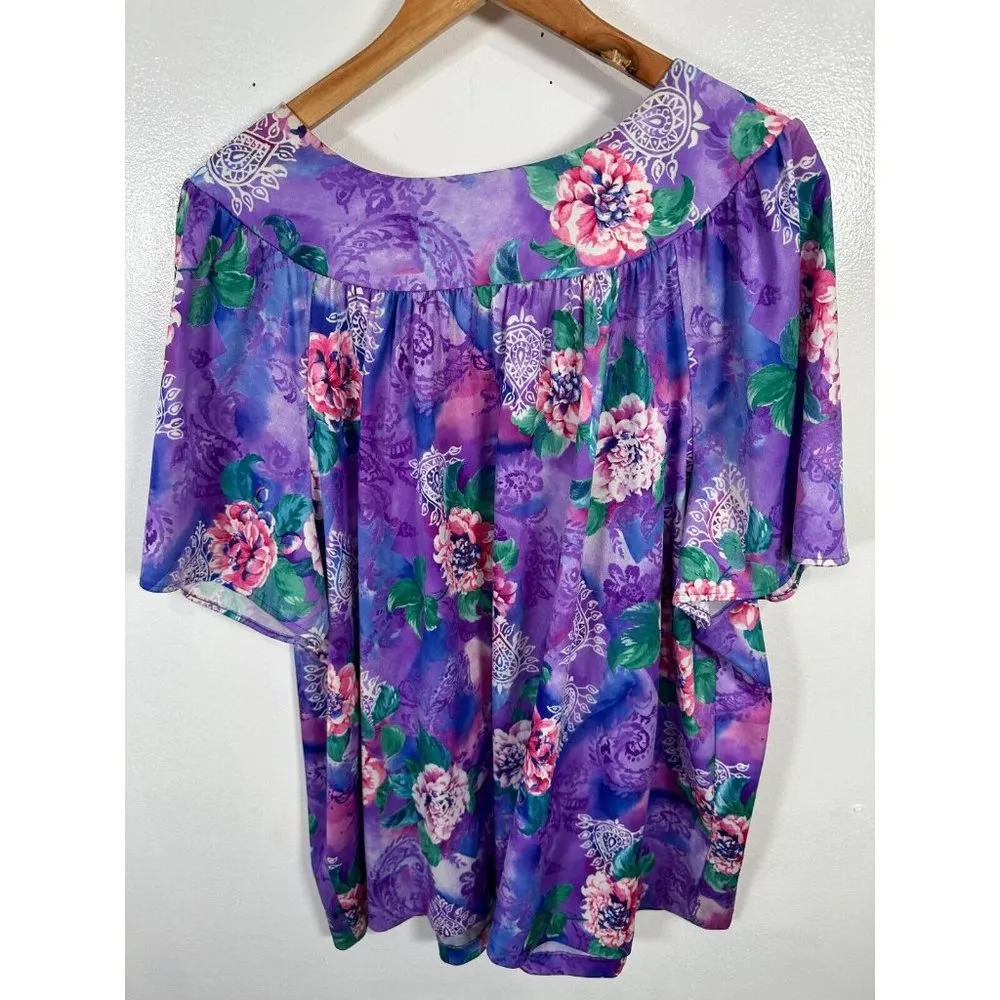 Vintage Womens 1X Top MuuMuu Shirt Short Sleeve Hawaiian Lounge Floral Purple - Image 4