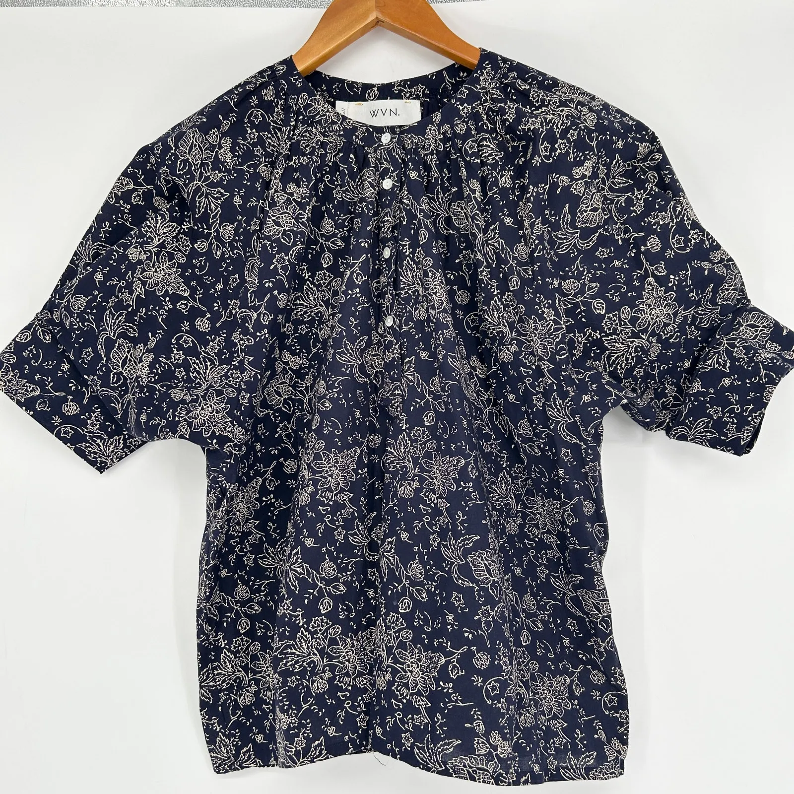 WVN Sienna Blouse Womens Small Organic Cotton Puff Sleeve Sustainable Ethical Blue - Image 2