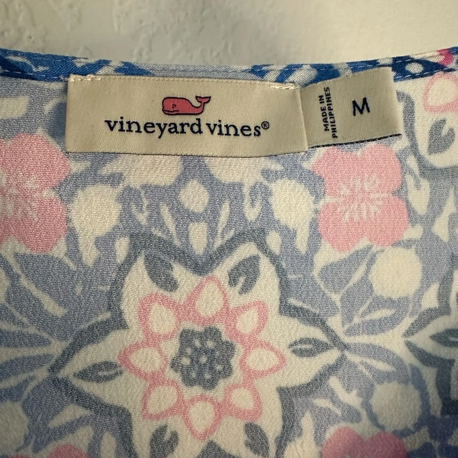 Vineyard Vines Bloom Scarf Blue Printed Top Blouse Medium Coastal Boxy Garden - Image 2
