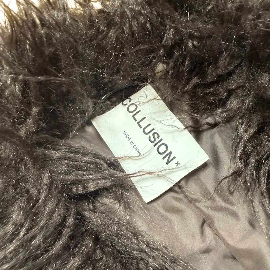 ASOS Collusion Red Brown Patent Leather Faux Fur trimmed Coat size 8 - Image 6