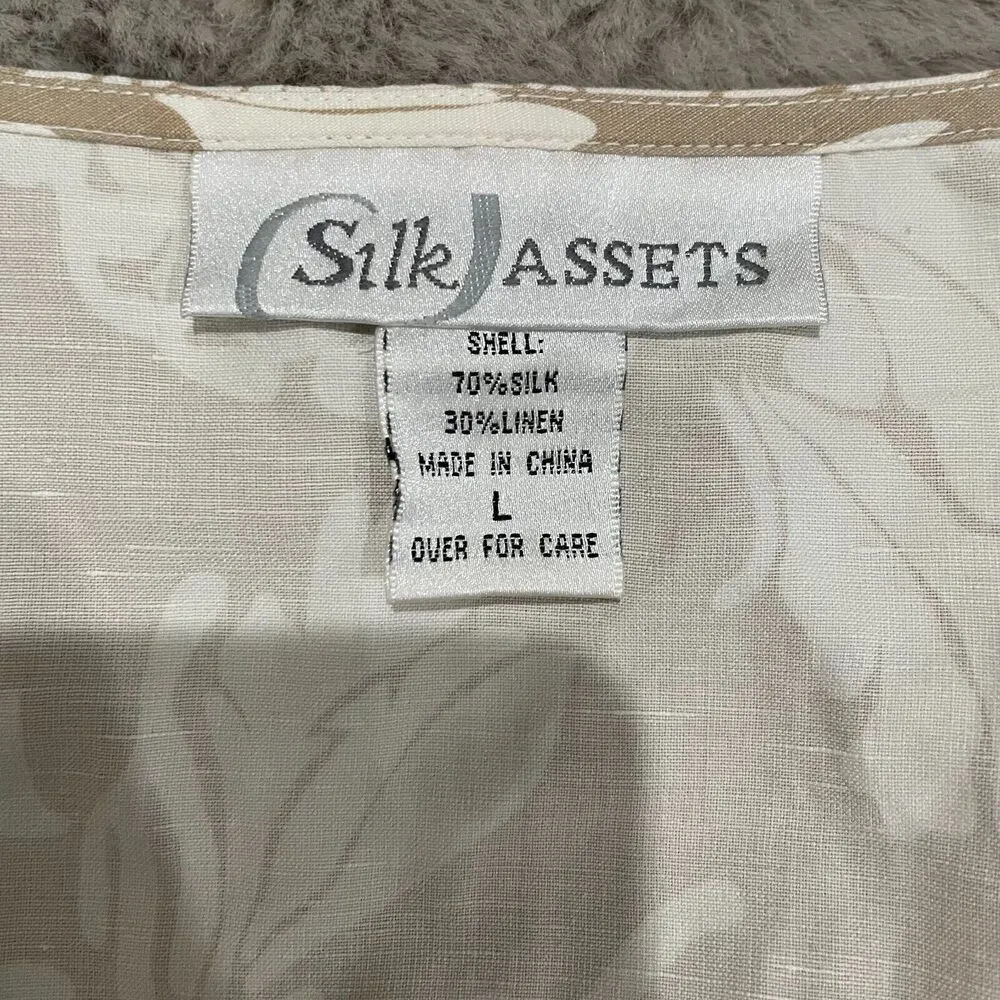 Silk Assets Women Floral Mini Dress L Beige White Bell Sleeve 70% Silk 30% Linen Size L - Image 4