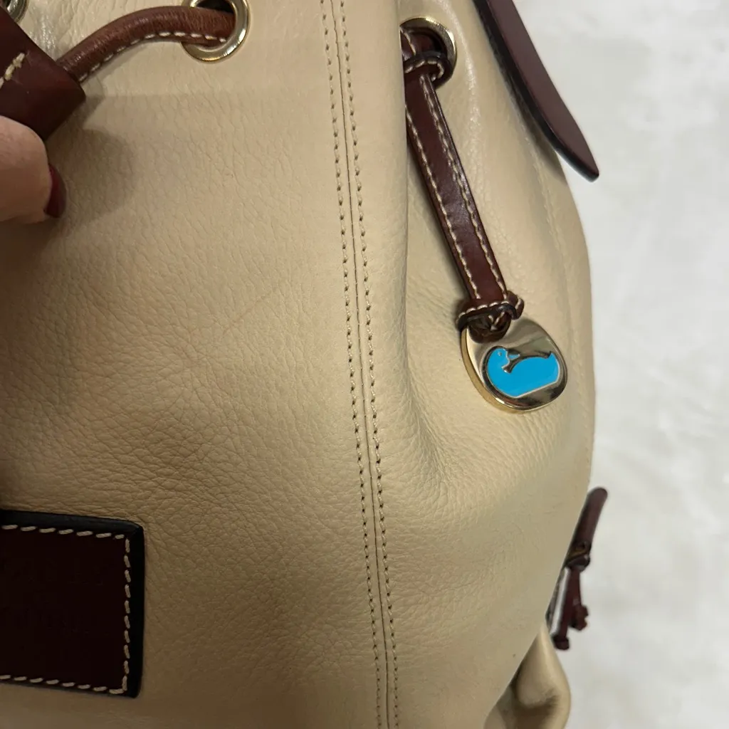 Dooney & Bourke Tan and Brown Leather Hobo Drawstring Bag - Image 3