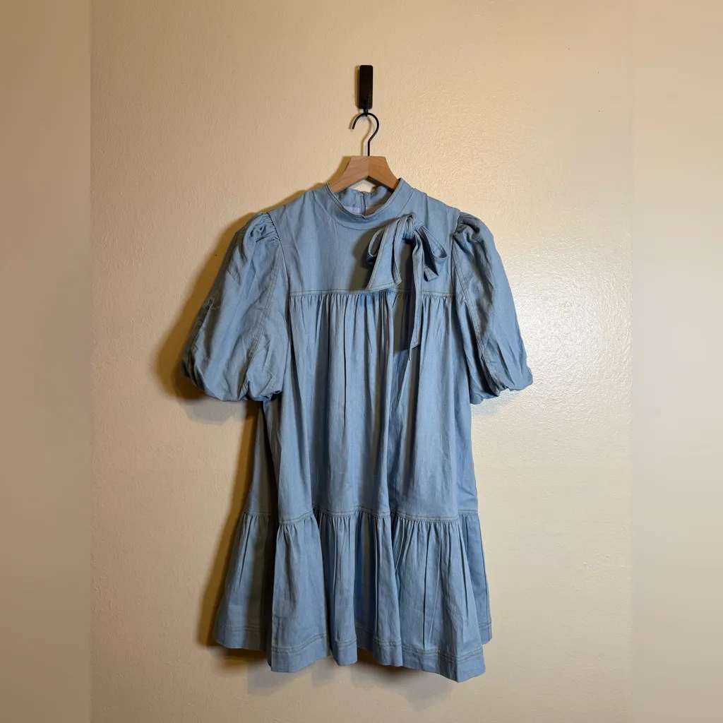 Tcec Light Denim Bow Puff Sleeve Dress - Image 2