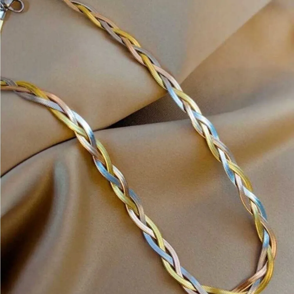 Stainless Steel Braid Tricolors snake Necklace SET Bracelet Womens jewelry Gold - Image 4