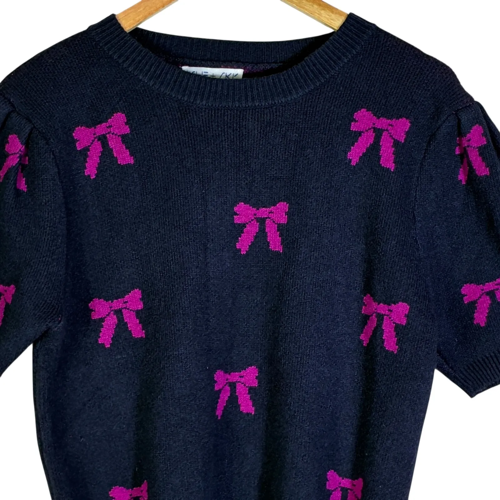 SHE + SKY Bow Knit Sweater Top Womens S Black Coquette Indie Y2K Short Sleeve - Image 2