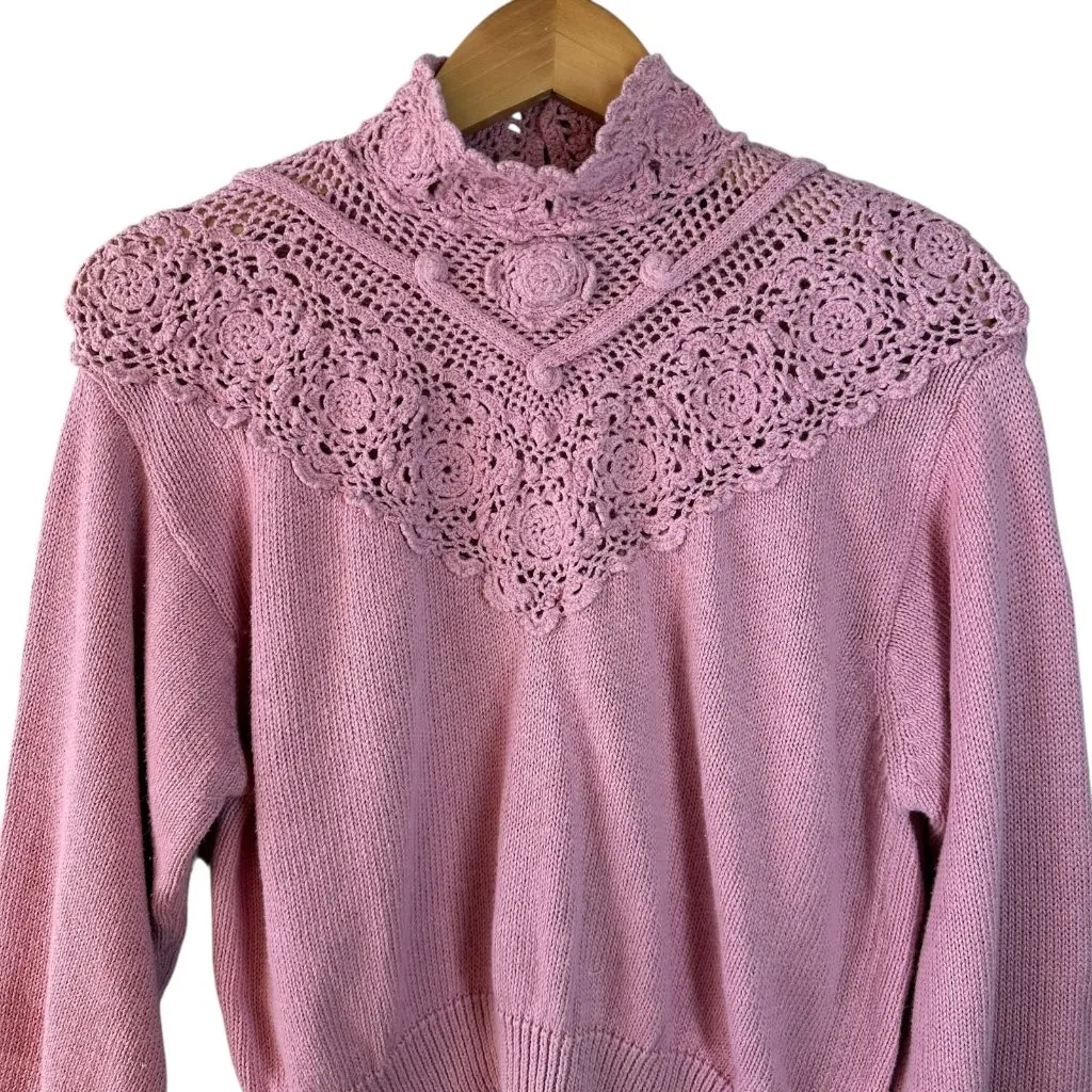 Vintage 80's Hunter’s Run Pink Crochet Yoke Sweater Ramie Cotton Size Large - Image 5