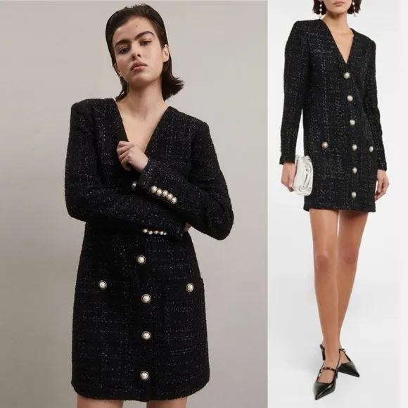 Veronica Beard Kenai Glittery Black Tweed Minidress Faux Pearl Buttons Size 4 - Image 2