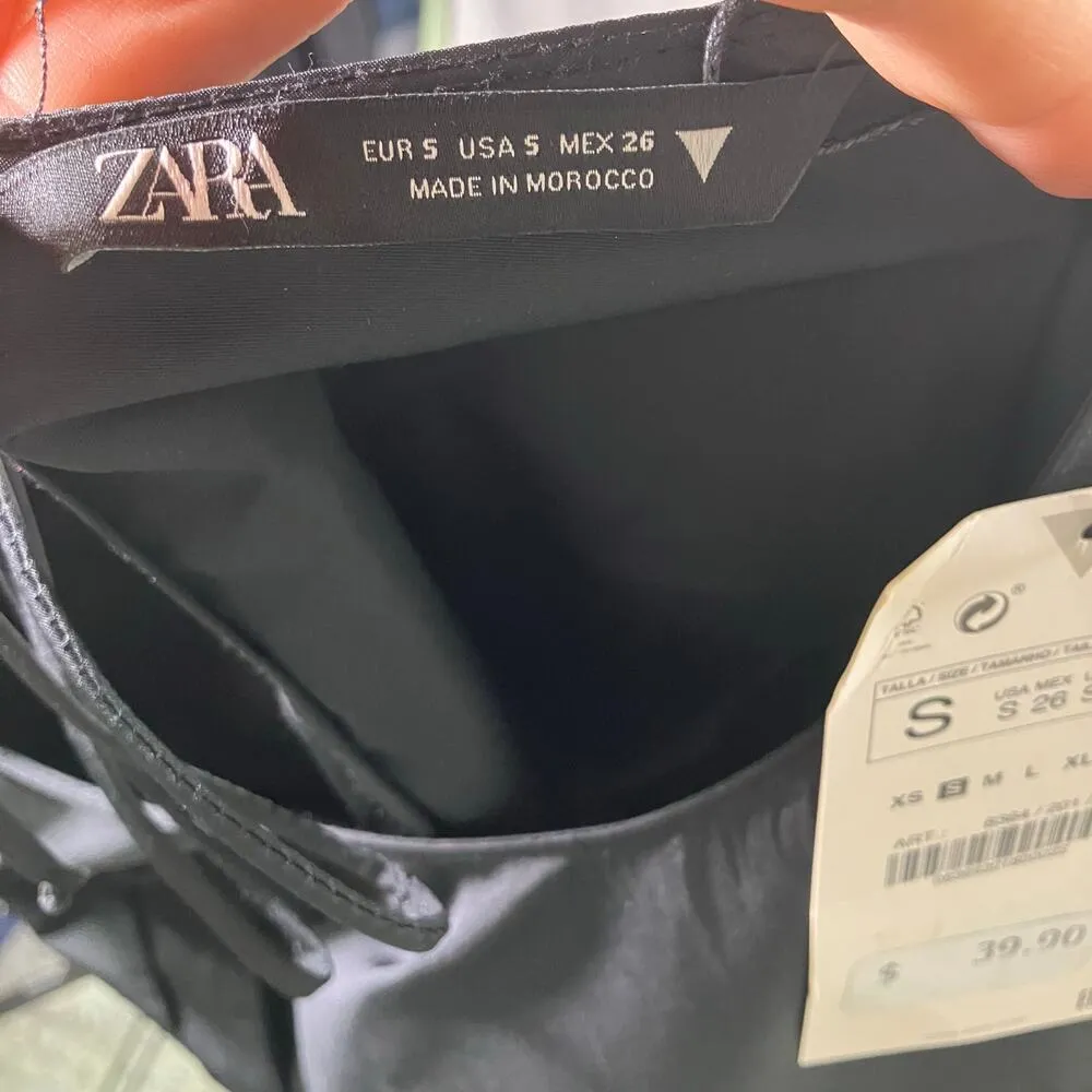 ZARA Black Puff Sleeve Peplum Blouse Small Short Sleeve Tie Back Lightweight New - Image 2