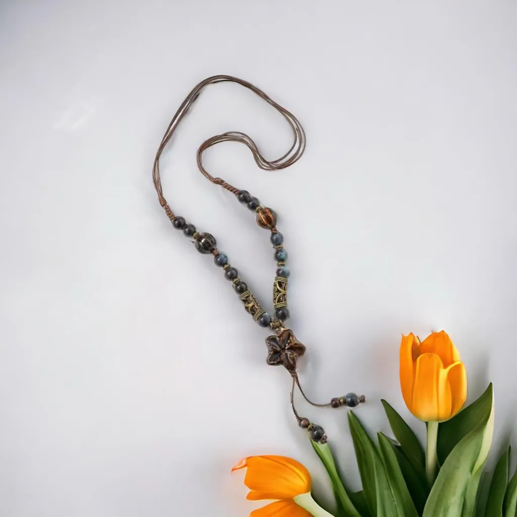 Bohemian Beaded‎ Ceramic Necklace Ethnic Style Flower Pendant Necklace Brown - Image 5