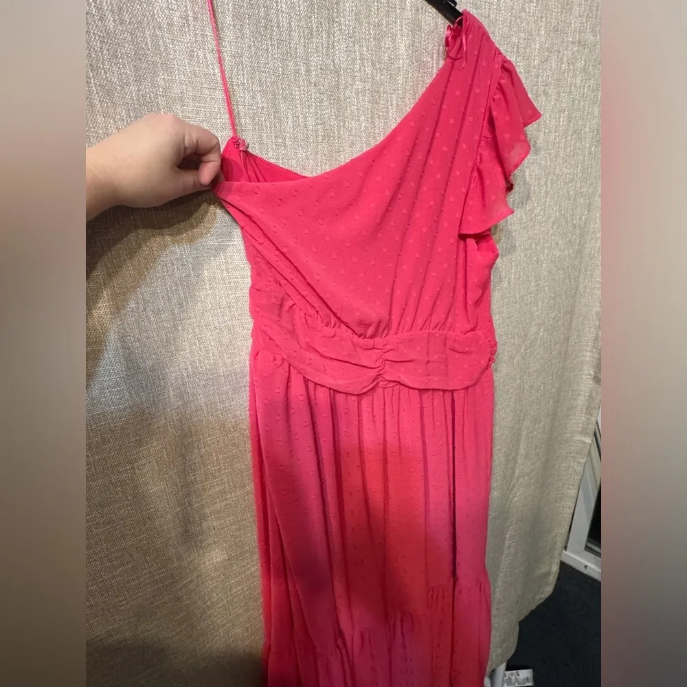 Chelsea 28 Pink Polka Dot One Shoulder Ruffle Feminine Midi Dress Womens XL NWT - Image 11