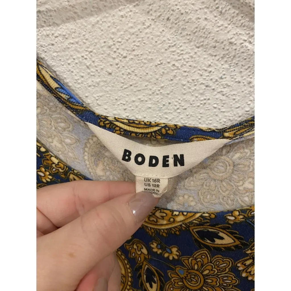 Boden Dress Womens 12R Blue Yellow Paisley Short Sleeve Belted Mini Casual Size 12 - Image 4