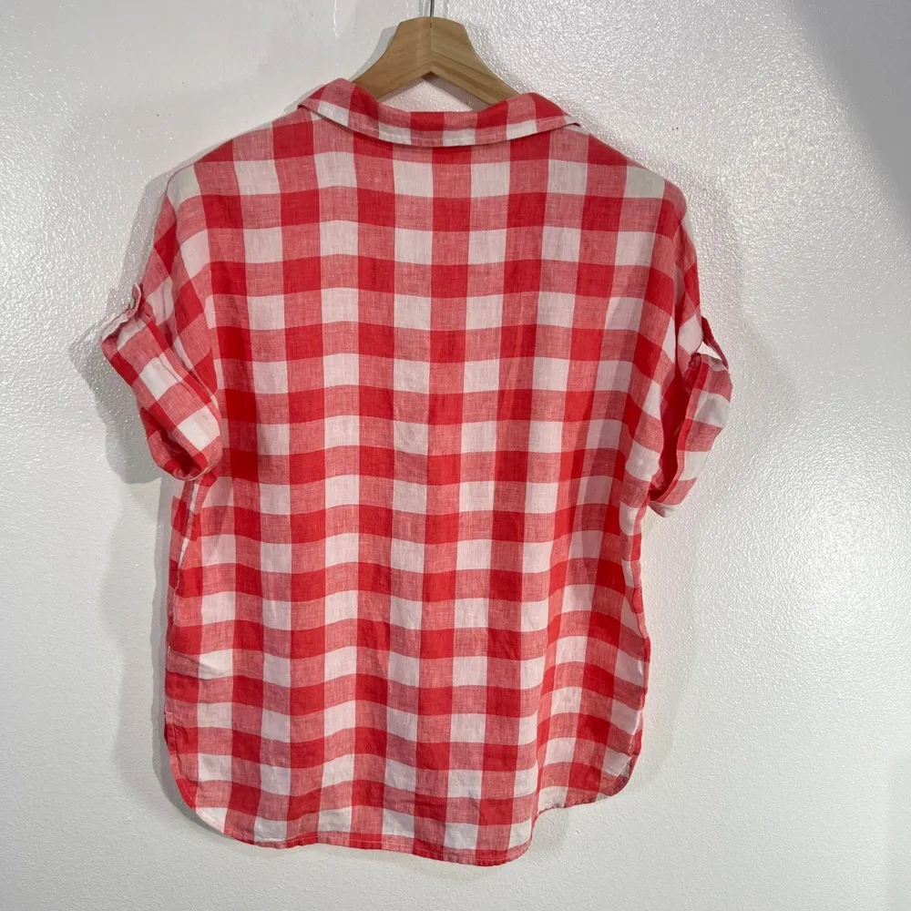 C&C California Linen Top Red & White Gingham Plaid Short Sleeve Shirt Small Boxy - Image 3