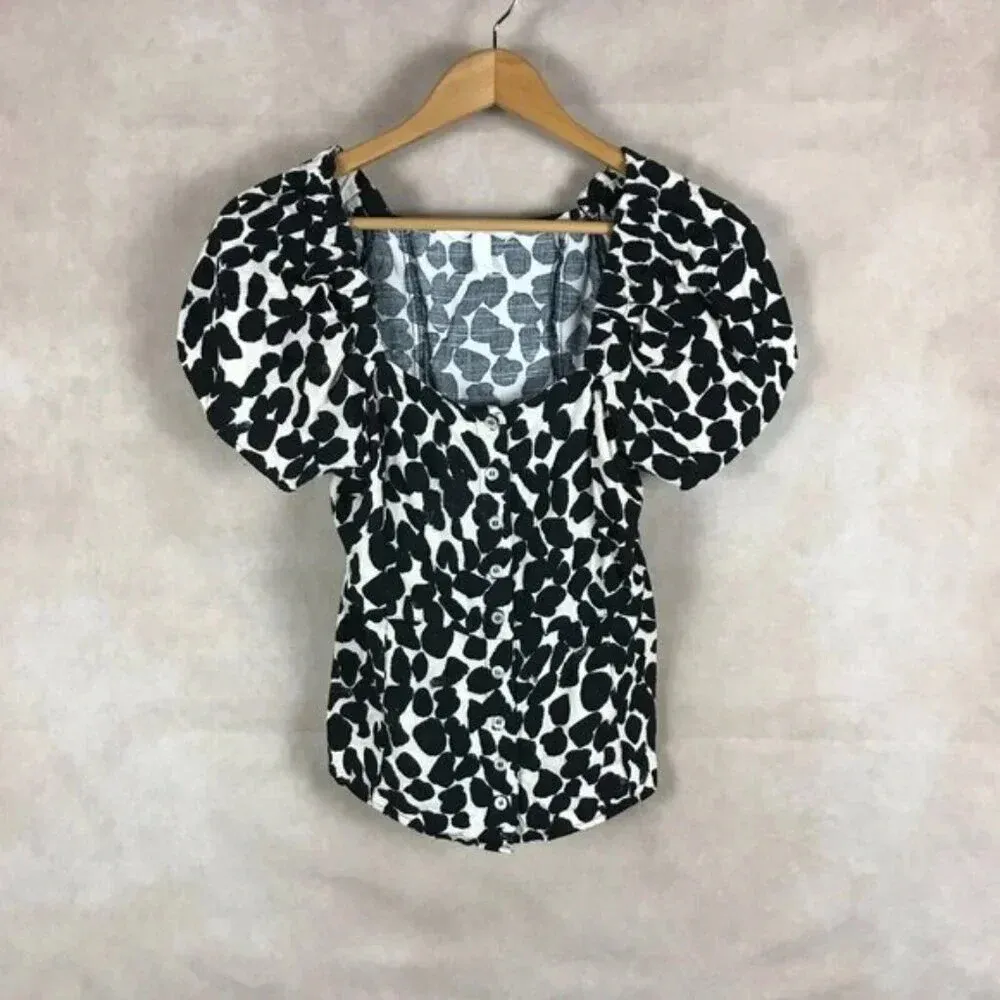 H&M Puff-Sleeve Linen Blend Printed Top Size 8 (Medium) - Image 4
