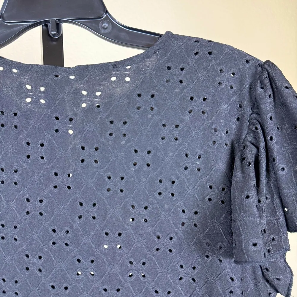 Romantic Puff Sleeve Black Top XL Eyelet Lace Feminine Cottagecore Boho Babydoll - Image 5