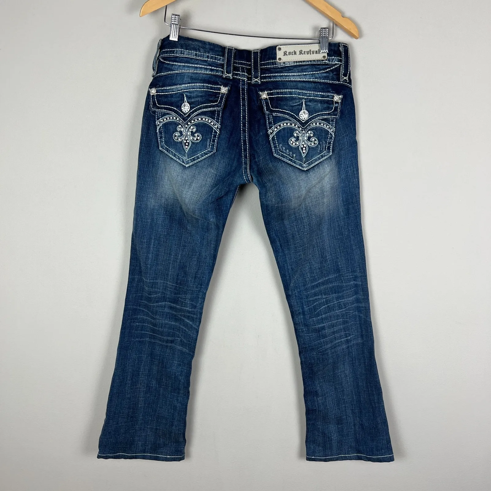 Y2K Rock Revival Sasha Boot Jeans Womens 31 Dark Wash Denim Flap Rhinestones - Image 2