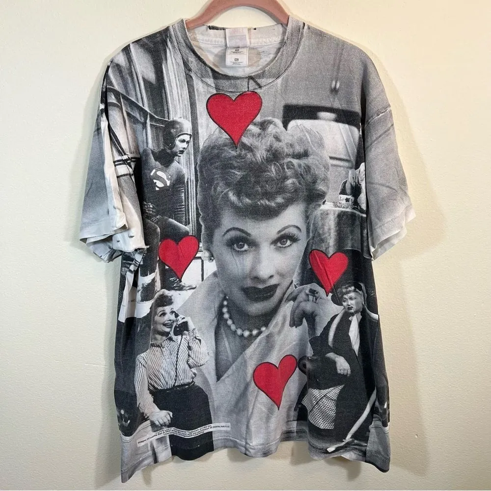 Vintage Fruit of the Loom I Love Lucy All Over Print Single Stitch Shirt XL - Image 2