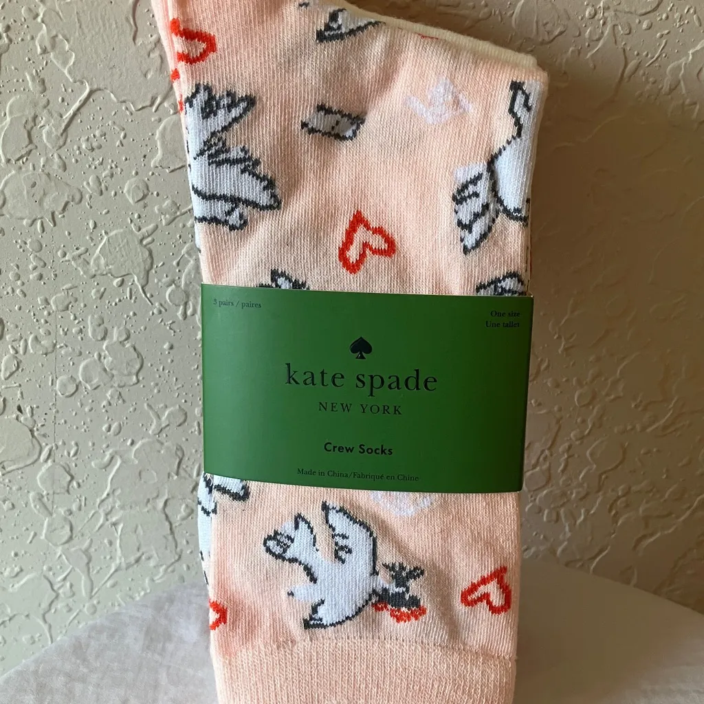 Kate Spade: Blush/White/Red Socks with Heart & Dove Design- Crew- set of 3 - Image 14