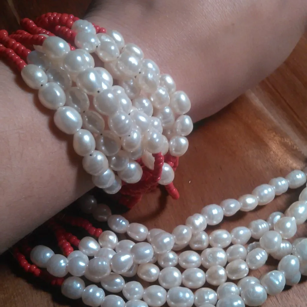 Red Seed Bead and Faux White Pearl Multi - Image 8