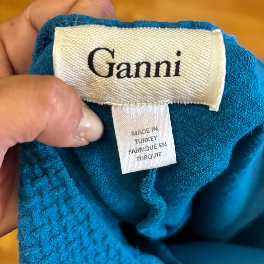 Ganni Blue Textured Preppy Coastal Resortwear Career Quiet Luxury Peplum Top L - Image 7