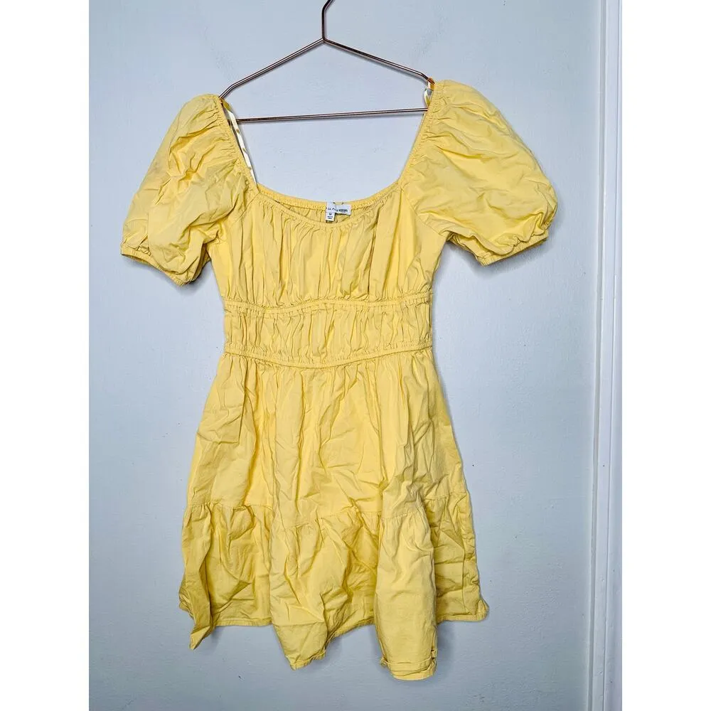 LOUNA Mellow Yellow Cotton Square Neck Puff Sleeves Smocked Cinched Dress Size M Size M - Image 3