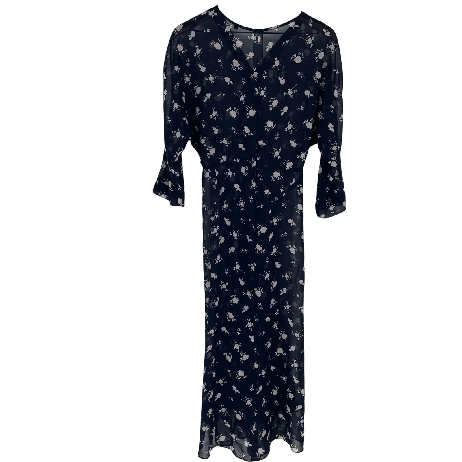 Cabi Navy Floral Print Midi Dress Size 6 V Neck Sheer Sleeve - Image 5