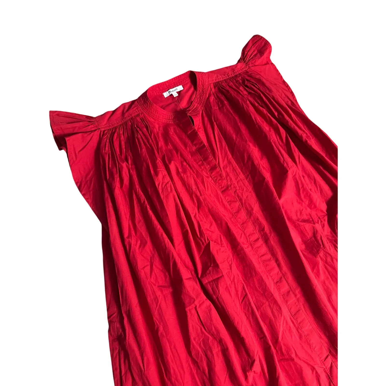Madewell Flutter Sleeve‎ Button-Front Poplin Mini Dress Red Pcockets Size Large - Image 10