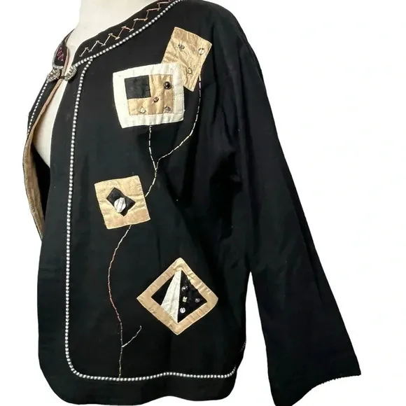 Yak Magik‎ Fun Funky Embellished Cotton Silk Vintage Jacket Women Size Large Black - Image 3