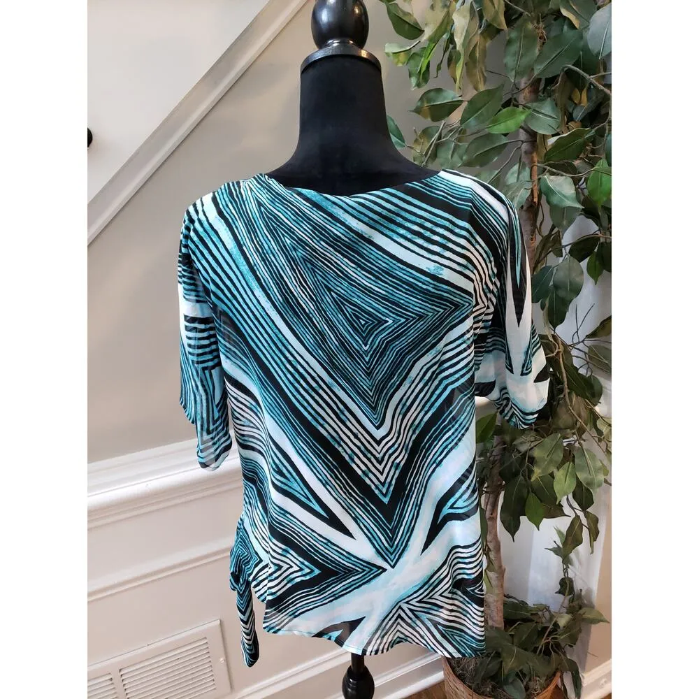 Dana Buchman Blouse Women S Teal Black White Abstract Print Sheer Overlay Top - Image 7
