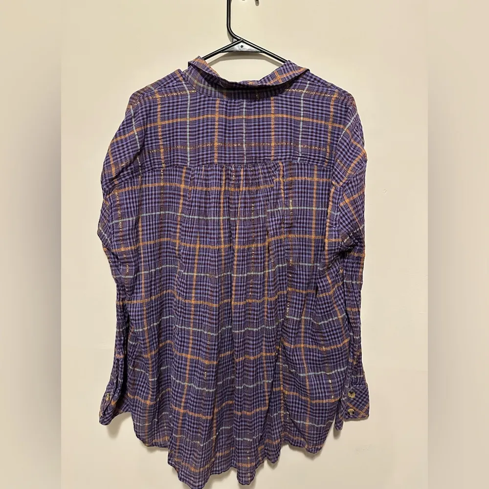 Free People Break My Stride Metallic Plaid Tunic Button-Up Shirt Violet Size S - Image 6