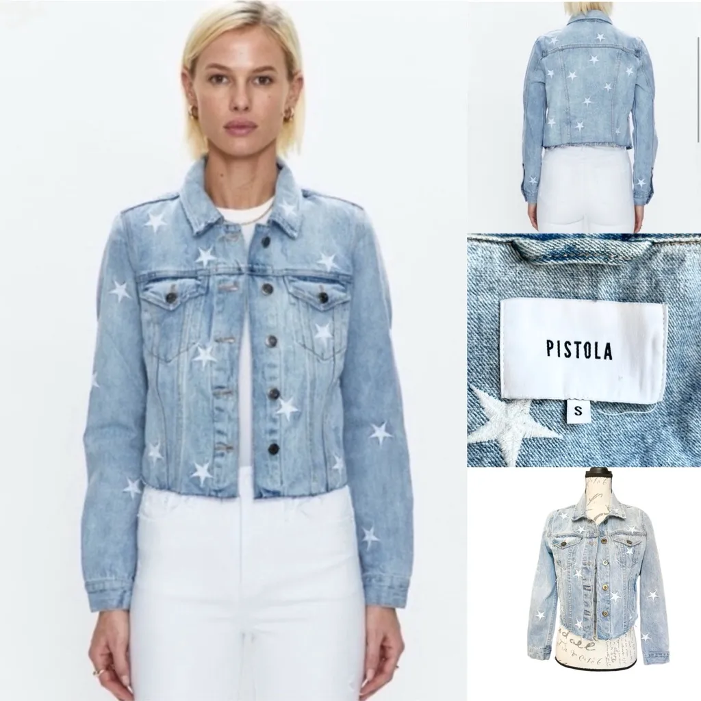 Pistola Brando Star Embroidery Cropped Denim Jacket Zodiac Wash - S - Image 2