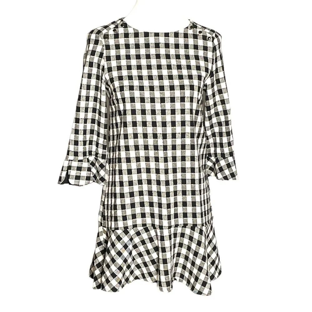 Zara Basics Gingham Bell Sleeve Mini Dress Black White Size XSmall - Image 7