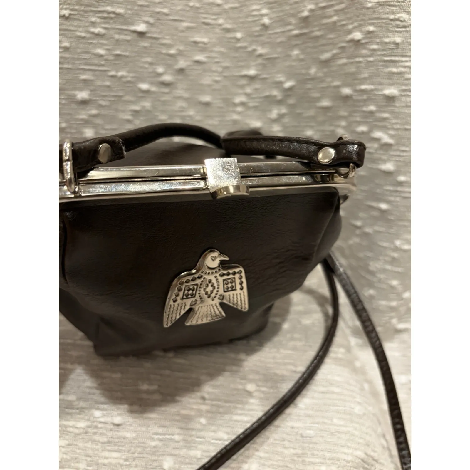 Barganza Vtg 70s Genuine Leather Crossbody Small bag Boho Hippie‎ Thunderbird - Image 3